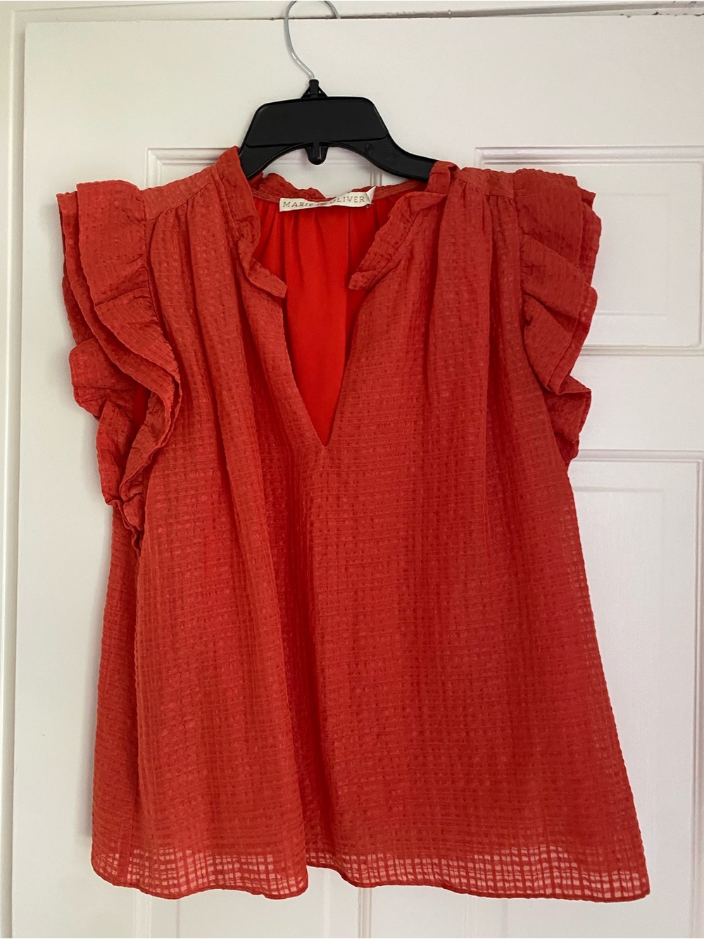 Marie Oliver Red Ruffle-Sleeve V-Neck Blouse. XS